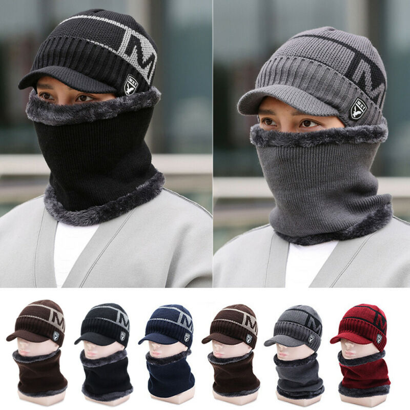 Menn kvinner termisk fleece foret lue lue varm strikket vinter ski lokk strikket hals varme 2 stk