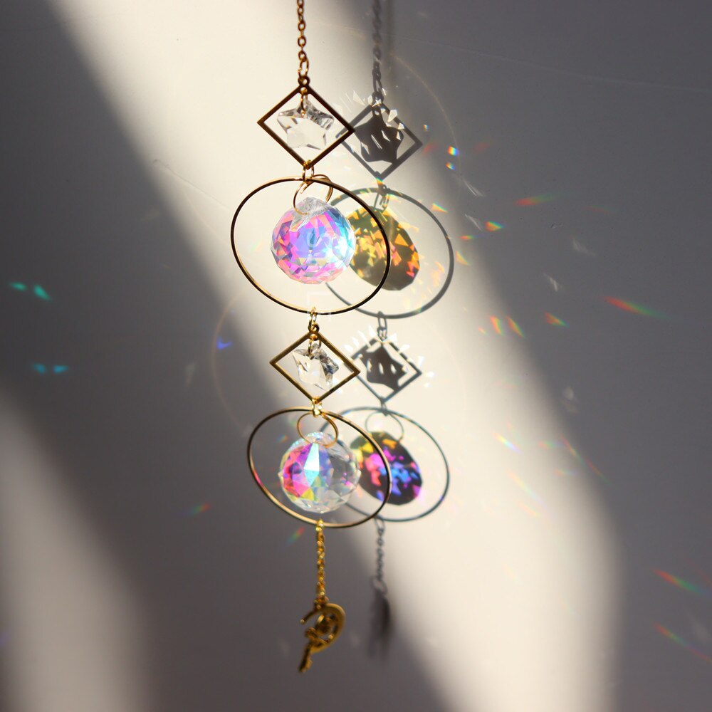 Handmade Sun Catcher - Fairy on The Moon Geometric sun suncatcher gold plated rainbow Maker | Window Hanging