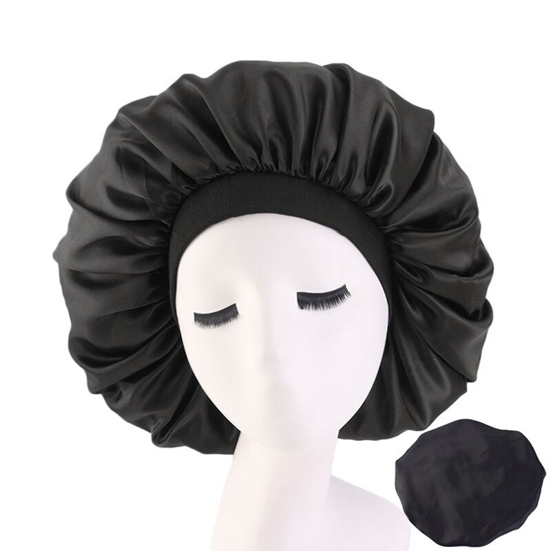 Satin hætte ensfarvet turban kemo hat kvinder bred elastik fast nattesøvn huer skullies kemo hue: Sort