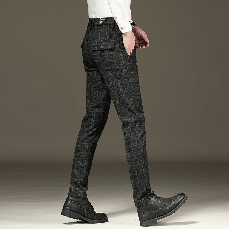 100% Plaid Pant Formal Wedding Mens Slim Fit Suit Pants Casual Brand Straight Dress Trousers