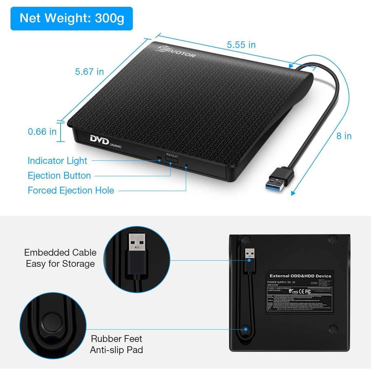 EIVOTOR-Unidad óptica externa USB 3,0, reproductor de DVD-RW, grabador de CD y DVD, compatible con transferencia de datos de 2MB para PC y portátil