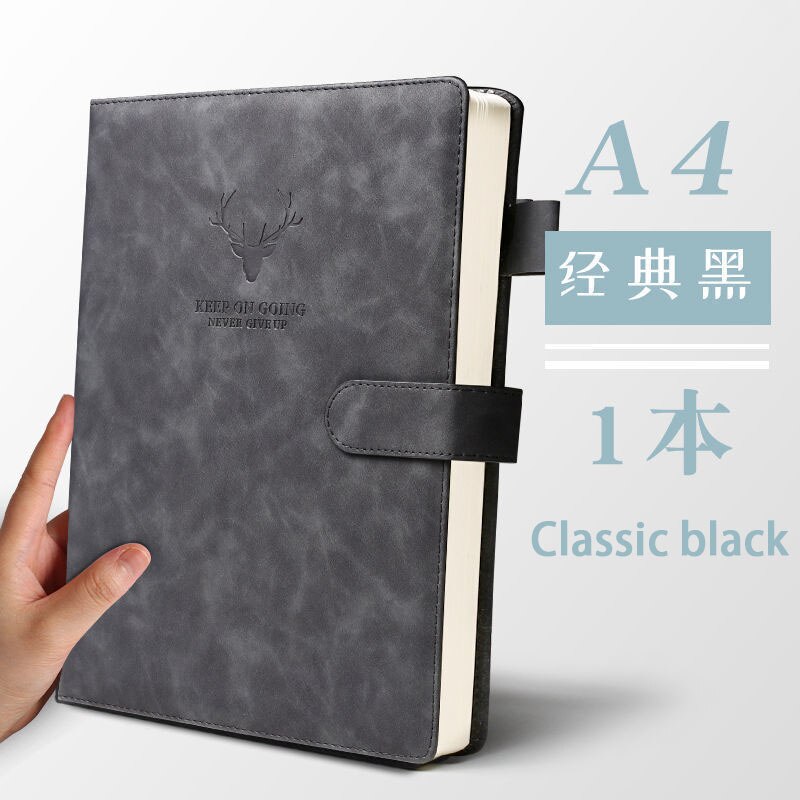 A4 Notebook Ultra-thick Thickened Notepad Business Soft Leather Work Meeting Record Book Office Diary Sketchbook Students Cute: Classic black A4