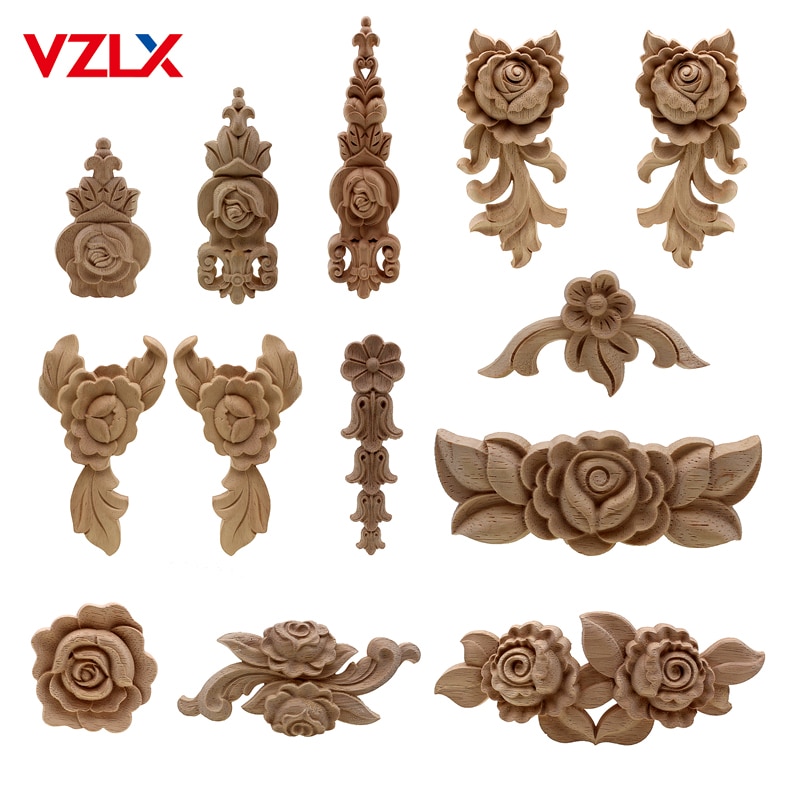 VZLX Flower Wood Carving Natural Wood Appliques for Furniture Cabinet Unpainted Wooden Mouldings Decal Decorative Figurine