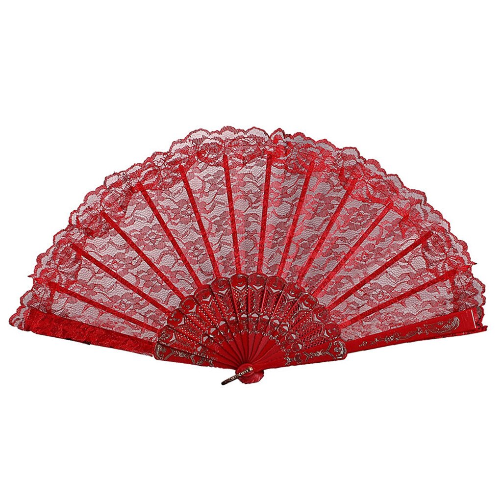 Vouwen Fans Hollow Kant Chinese Stijl Dance Wedding Hand Fans Retro Vouwen Held Bloemen Fans Decoratieve Abanico: Rood