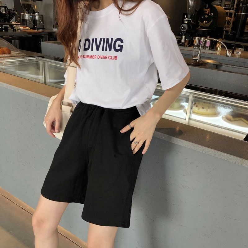 Pantalones cortos de verano para mujer, negros, hasta la rodilla, holgados, de pierna ancha, ropa de calle BF, Unisex, esbelto, estilo coreano, simples y Chic para estudiantes