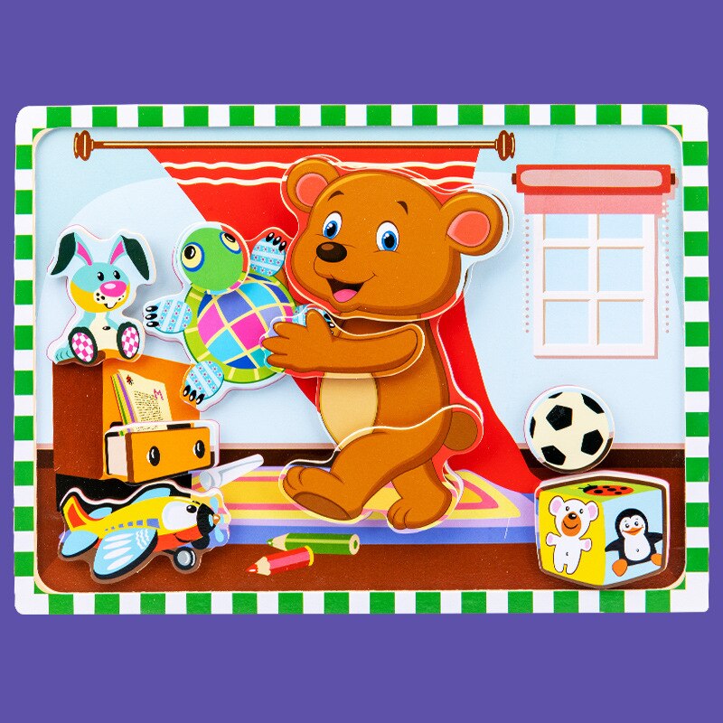 3D cartoon illustration Wooden stereo Velcro stickers jigsaw puzzle 3D sensory toys for girls and boy