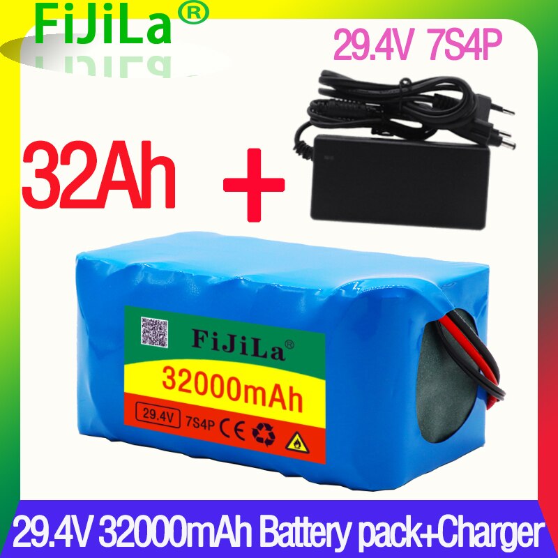 Batterie lithium-ion 7S4P 24V, 29V, 32ah, 18650, rechargeable, avec système BMS 15a et chargeur 29.4V