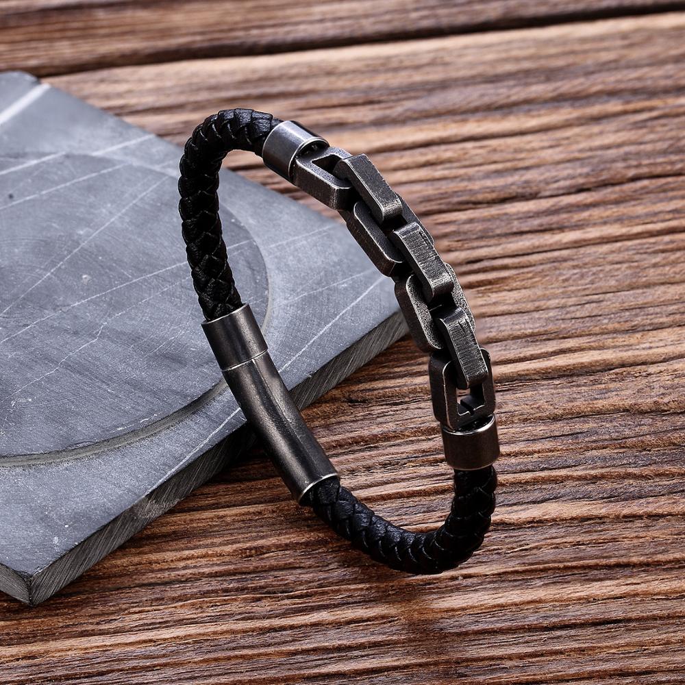 Punk geborstelde fietsketting leren armband geoxideerd donker fietsketting heren armband mannelijk 316l roestvrijstalen handketting