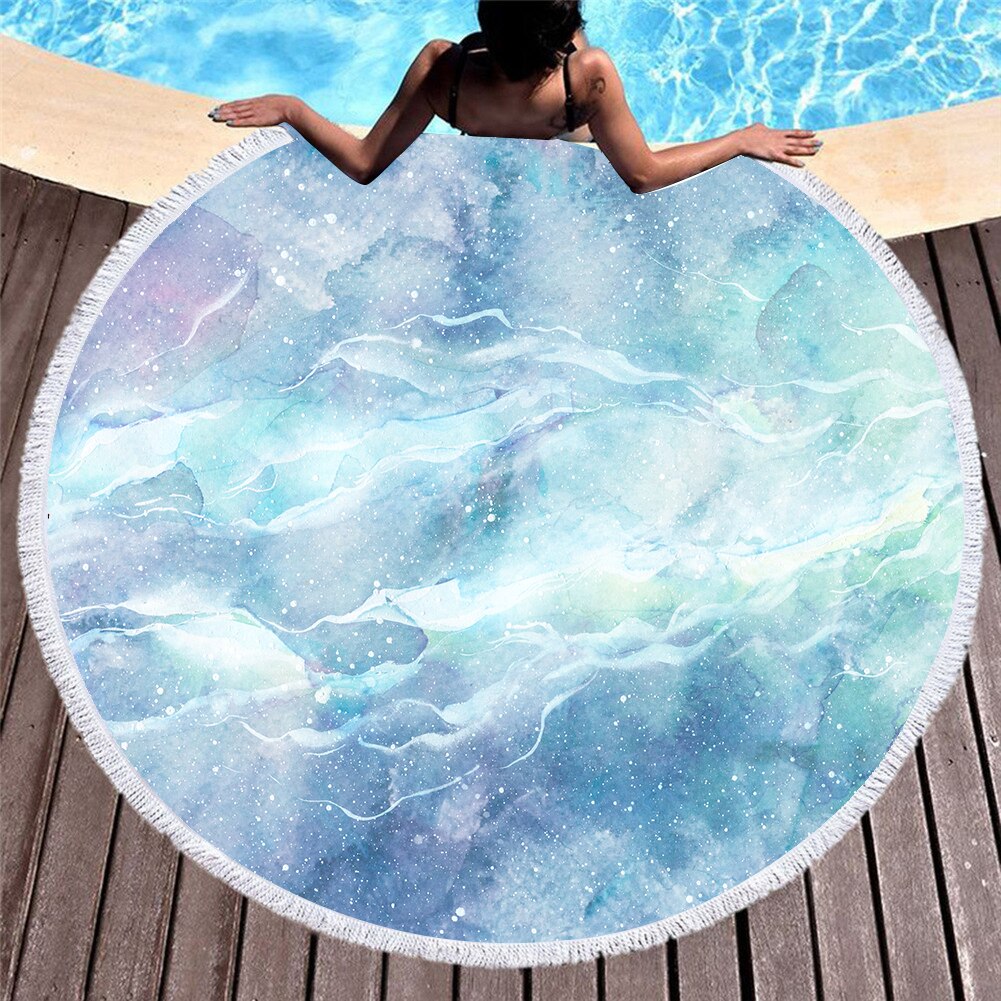 Serviette de plage ronde en microfibre pour adultes, motif de marbre coloré imprimé en 3D, tapis de Yoga avec pampilles, été, 150cm, T609: 10
