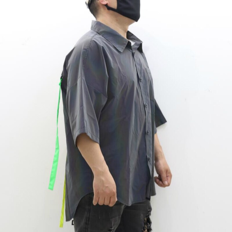 Reflective Light Blouse Men Rainbow Casual Shirts Plus Size Back Long Zipper Detachable Colourful Ribbons Hip Hop Streetwear