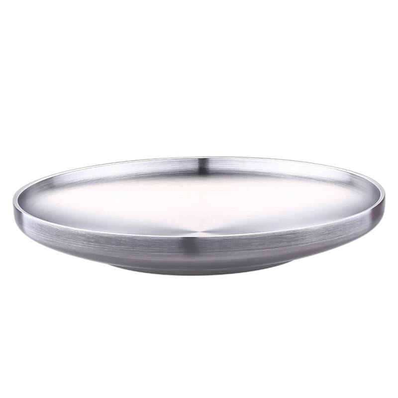 304 Stainless Steel Round Flat Dish Plate BBQ Beef Steak Fruit Salad Dumplings Holder Dessert Tray Kitchen Hotel Tableware 1PC