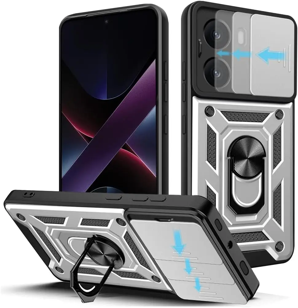 Pansercover til xiaomi poco  x7 pro 5g , linsebeskyttelse med ring, magnetisk holder, coque, skal, fundas: Sølv