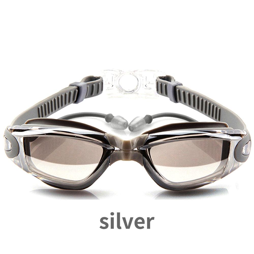 Mænd kvinder svømmebriller silikone nærsynethed anti-tåge uv svømmebriller med ørepropp sportsbriller silikone очки: Sølv