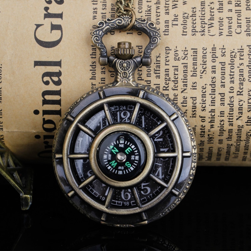 Arrvial Compass Vintage Hollow Skeleton Pocket Watch Black Starry Round Dial Antique Pendant Clock Retro Unisex