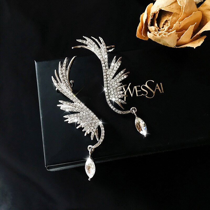 Flashbuy Enkele Koreaanse Angel Wing Strass Oorbellen Glanzend Boor Arc Oor Opknoping Clip Oorbellen Voor Vrouwen Ongebruikelijke Oor Manchet
