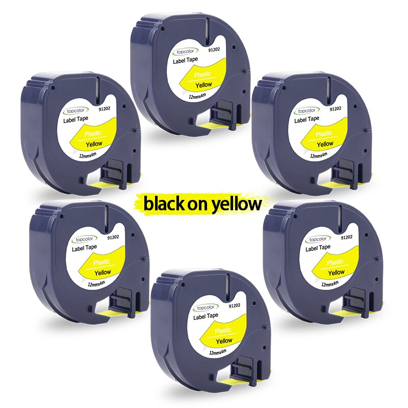 Topcolor-cintas de etiquetas para impresora dymo 91202, pegatinas de plástico, negro sobre amarillo, 12mm, para LetraTag Plus, LT-100T, LT-110H, 2000, XM, 6PK: Black on Yellow