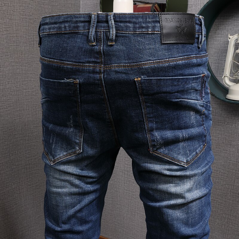 Jean Streetwear pour hommes, pantalon crayon, élastique et déchiré, bleu foncé, Style coréen, Hip Hop