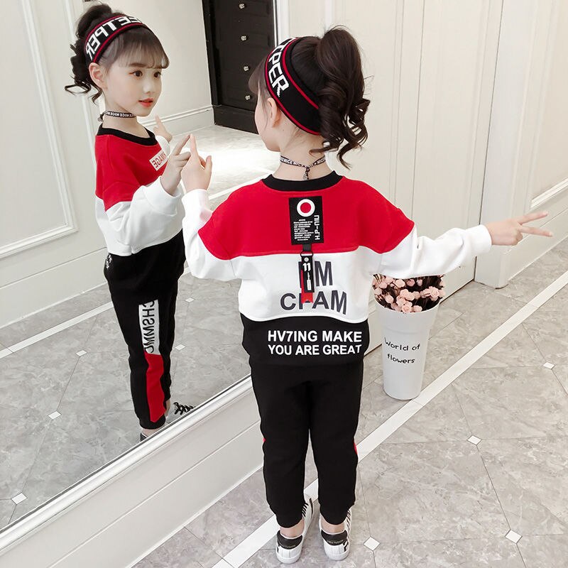 4-12 lat dziewczyny odzież zestaw 2019 wiosną i jesienią nowe dzieci dziewczyny strój sportowy moda O-neck dwuczęściowy czerwony i różowy garnitur