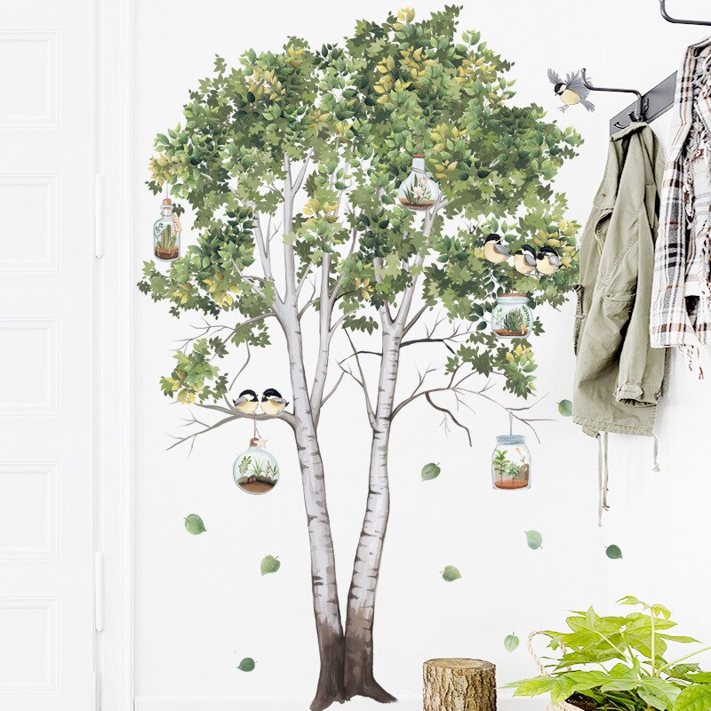 Autocollant mural grand arbre bouleau, feuilles vertes, plante, Stickers muraux, salon chambre à coucher, oiseaux, décor de maison, papier peint de décoration de salle en PVC