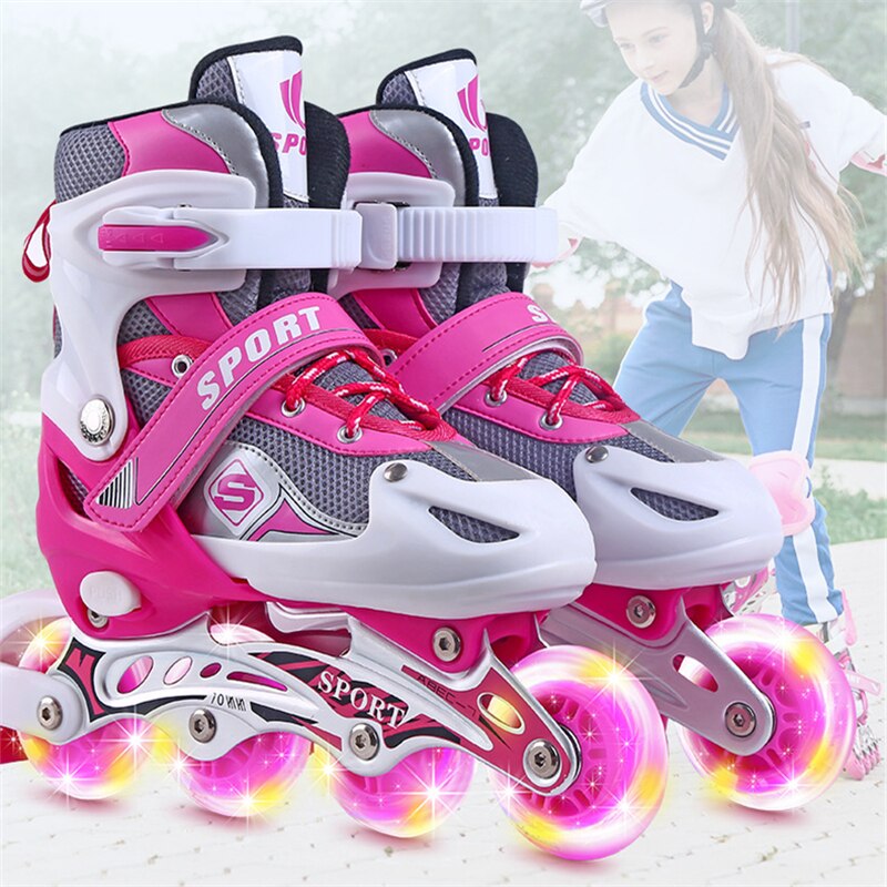 Udendørs sportsskøjter rullelinje justerbare børnetracer til børn drenge piger klinge lysende hjul rulleskøjter sko: Lyserød / Eur 39-42