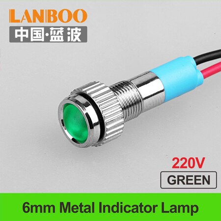 12V 24V 220V with wire red green blue yellow white indicator lamp single lights manufacture for 6mm LED indicator light: 6mm-GREEN-(220V)