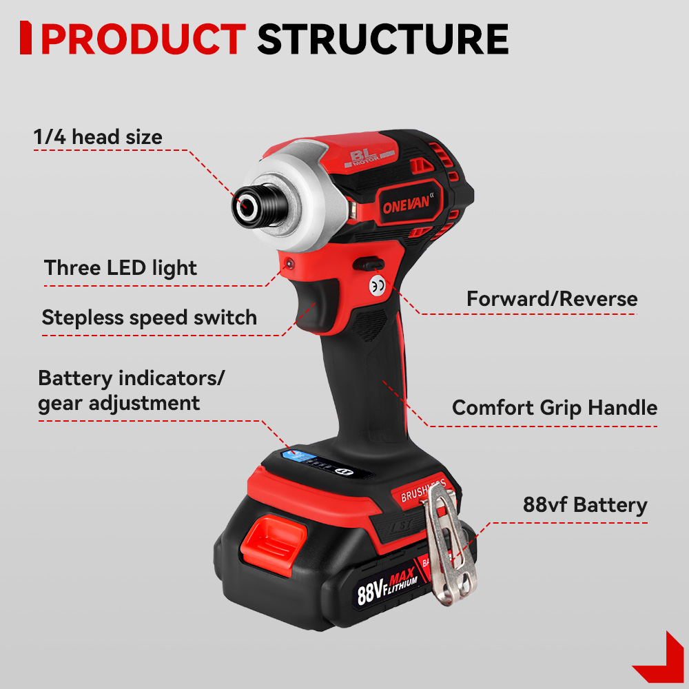 ONEVAN 588NM Cordless Electric Impact Brushless Wrench 5 Speed Screwdriver Power Tool 1/4" with 3 LED Light for Makita Battery