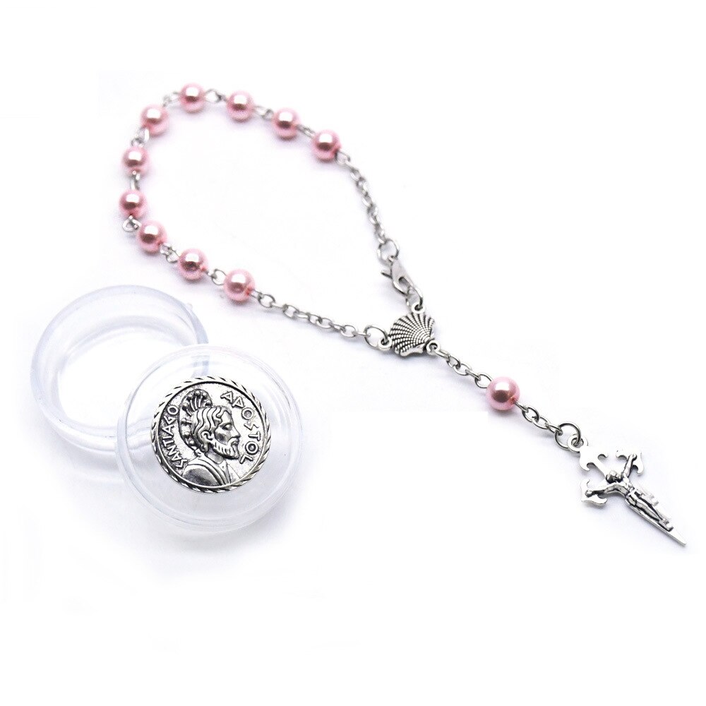 QIGO Santiago Religiöse Schmuck 6 mm Perle Jahrgang Kreuz Rosenkranz Armbinde Mit einem kunststoff Kasten Strang Armbinde Für Männer Frauen