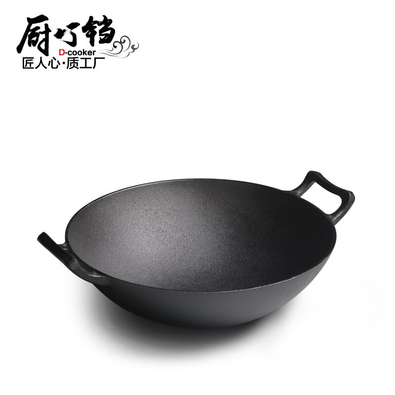 Gietijzeren Wok Dubbele Oor Ronde Bodem Grote Wok 36 Cm Ongecoat Oude Gietijzeren Pan Verdikking