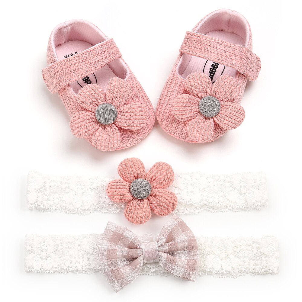 Zapatos para bebé niña de 0 a 18 meses, conjunto de lazo y Diadema Floral, suela suave de flores grandes, planos, primavera: C / 0-6 meses