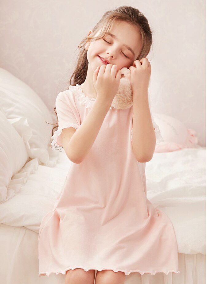 Kinderen Meisje Lolita Jurk Prinses Sleepshirts Leuke Kid &#39;S Vezelig Zelfkant Nachthemden. Peuter Meisje Roze Nachthemd Nachtkleding