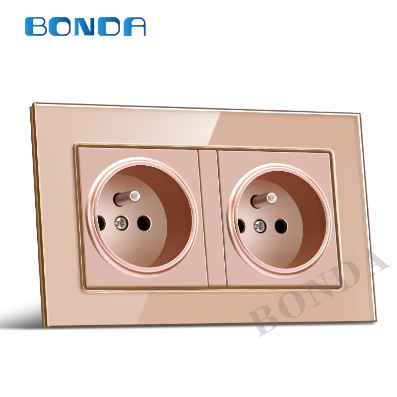 Wall socket outlet standard European tempered glass / plastic panel socket French round 2 hole socket with cylinder AC220-250: French gold glass