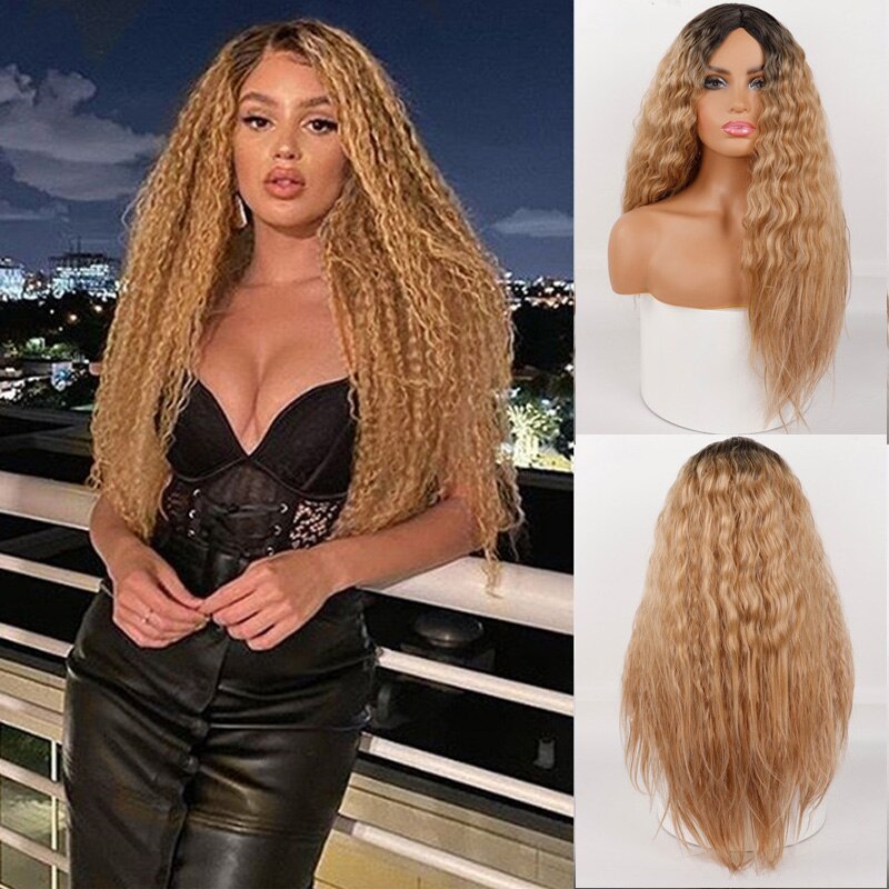 Peluca larga ondulada negra de LingHang, pelucas onduladas sintéticas para mujeres negras, pelucas de parte media Natural, pelo resistente al calor: MS17001