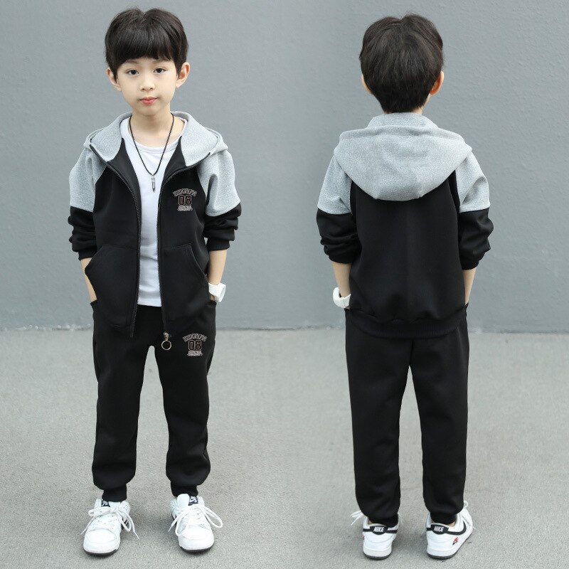 2022 Teen Boys Clothes Set Kids Tracksuit Patckwork Cotton Hoodies+ Pants Children Clothing Boy Sportswear 08: black / 150cm