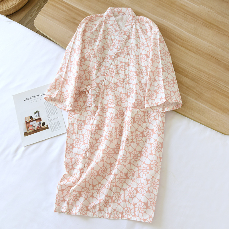 Vår och sommar flerfärgade tryckta kimono-rockar kvinnors tunna snörningskofta badrock bomull hemkläder kvinnor pyjamas: L / Blå