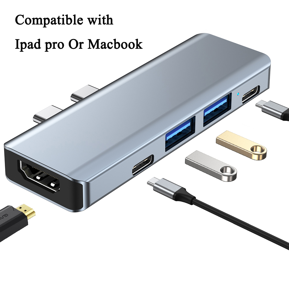Station d&#39;accueil enfichable Usb 3.1 Type C, adaptateur Hub Compatible avec Macbook Pro Ipad Pro, Port PD HDMI: 5in1 two Type C port