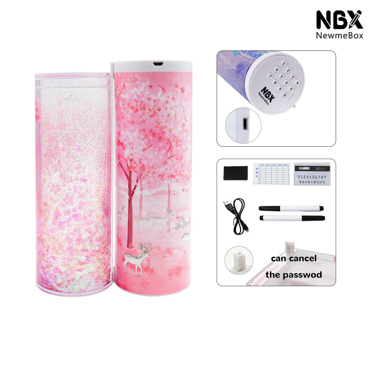 Pencil Case Kawaii Translucent Quicksand NBX Solar Calculator Pencil Box Estojo Escolar School Supplies Password Estuche Escolar: O