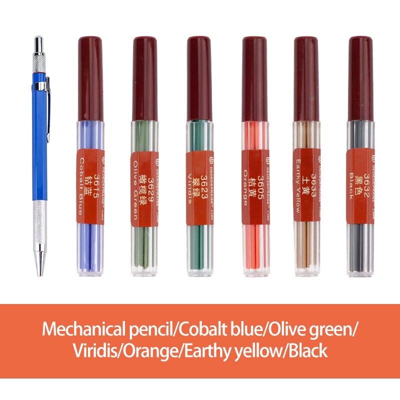 Mine de crayon mécanique/automatique remplaçable, recharges/noyau de 2.0mm, 36 couleurs, pour dessin: 6-6colors-1pen
