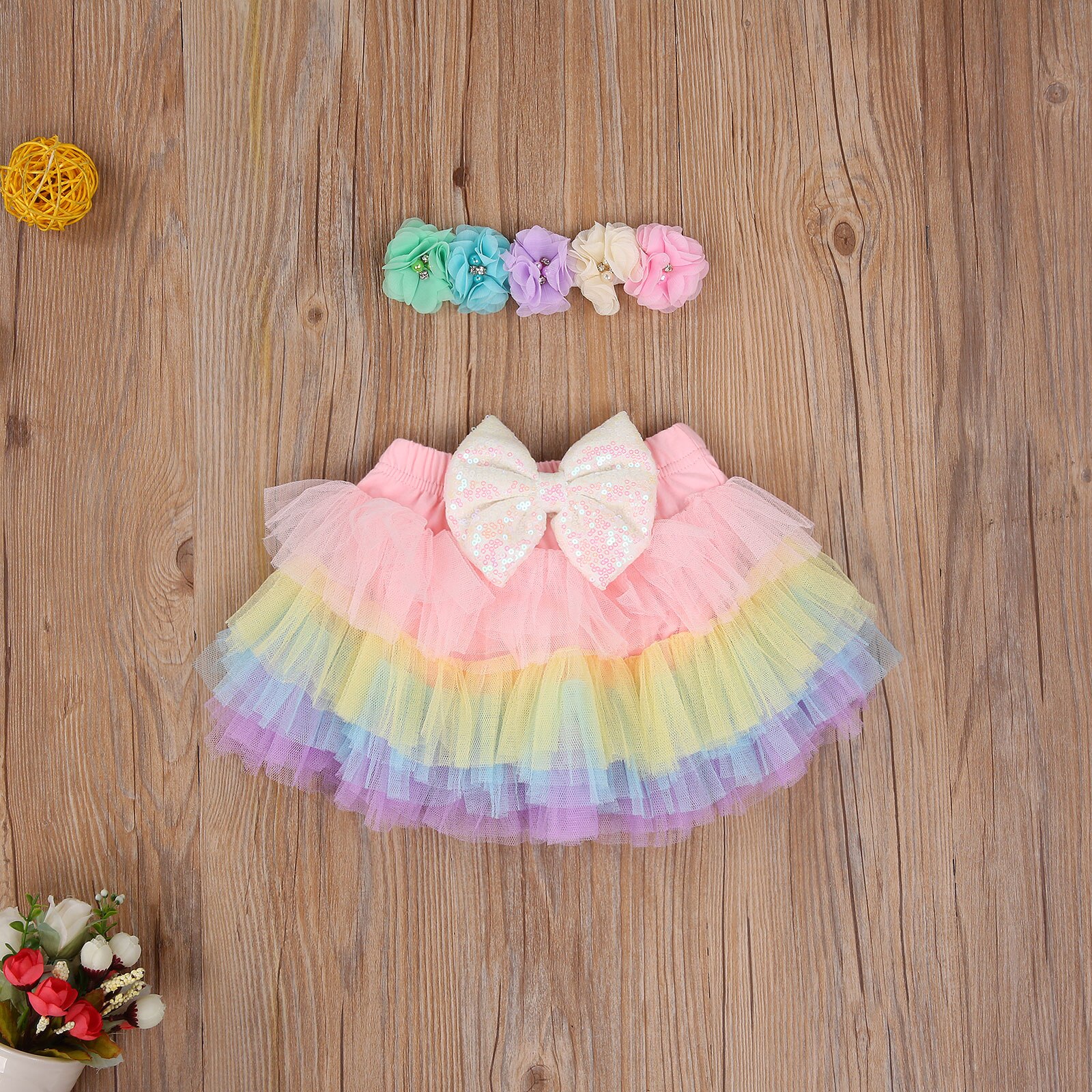 Infantil tutu saia do bebê menina colorido lantejoulas bowknot malha camada princesa festa dança saias flor headwear outfit define 0-3m