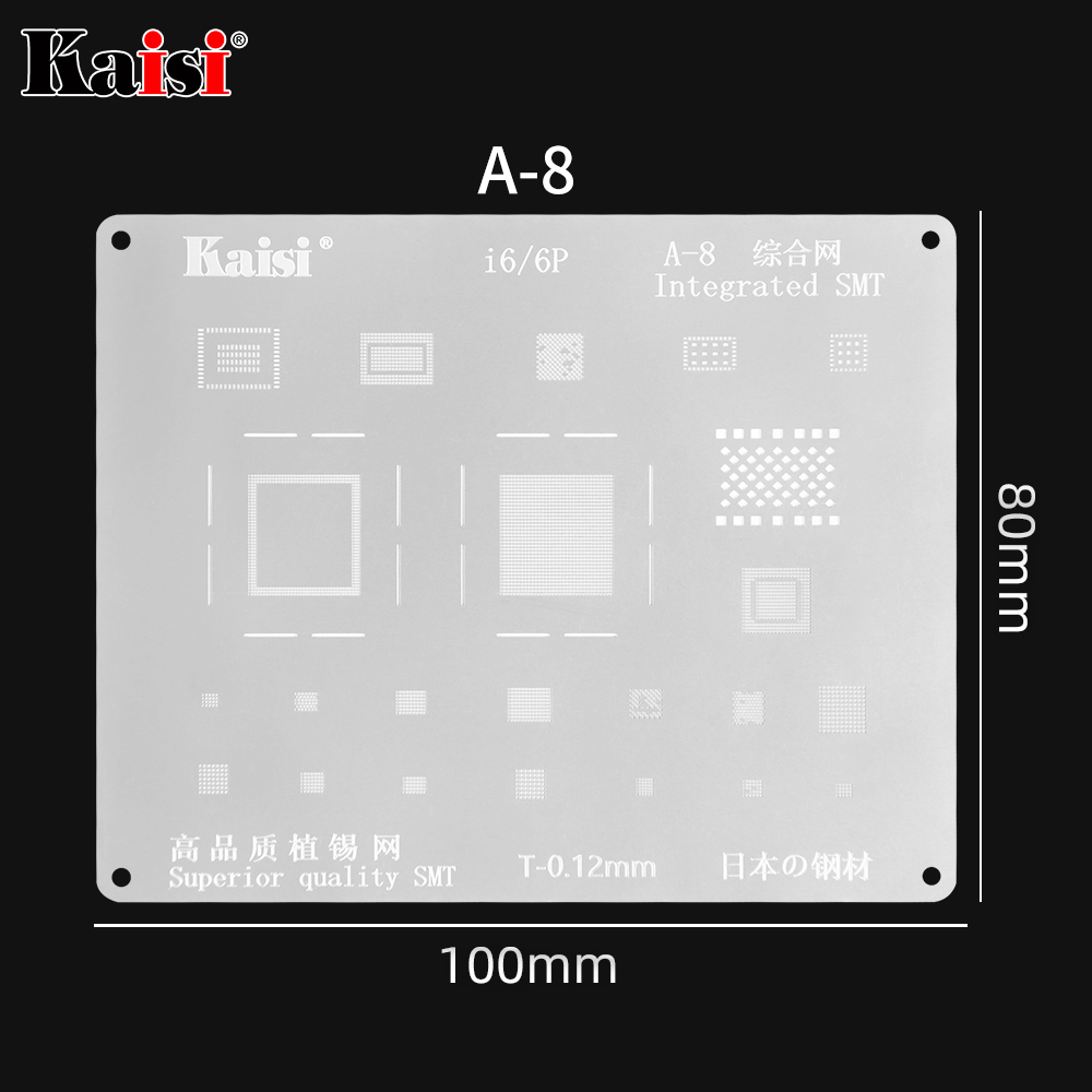 Kaisi 0,12mm BGA Reballing Stencil Kit de soldadura plantilla para iPhone IC CPU A8A9A10A11A12A13 11Pro/Max XS XR 8 8P 7P 6S 6P 5S: A8 6-6P