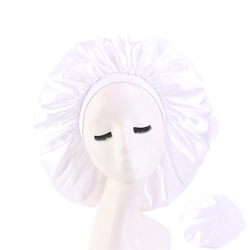 Women Satin Sleep Night Chemo Cap Solid Color Stretch Hair Care Hat Turban Bonnet Headscarf Skullies Wide Elastic Band Headwear: 07 White
