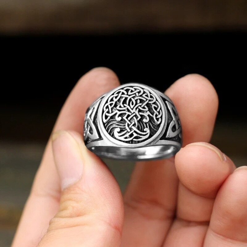 Viking Tree of Life Yggdrasil Celtic Knot Ring Men's Stainless Steel Nordic Amulet Jewelry