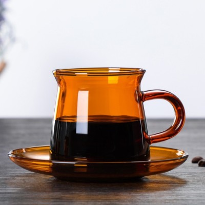 Ins färg värmebeständigt glas med handtag kaffekopp mjölkkopp vattenkopp frukostkopp med tallrik bärnstensblå: Orange kaffekopp
