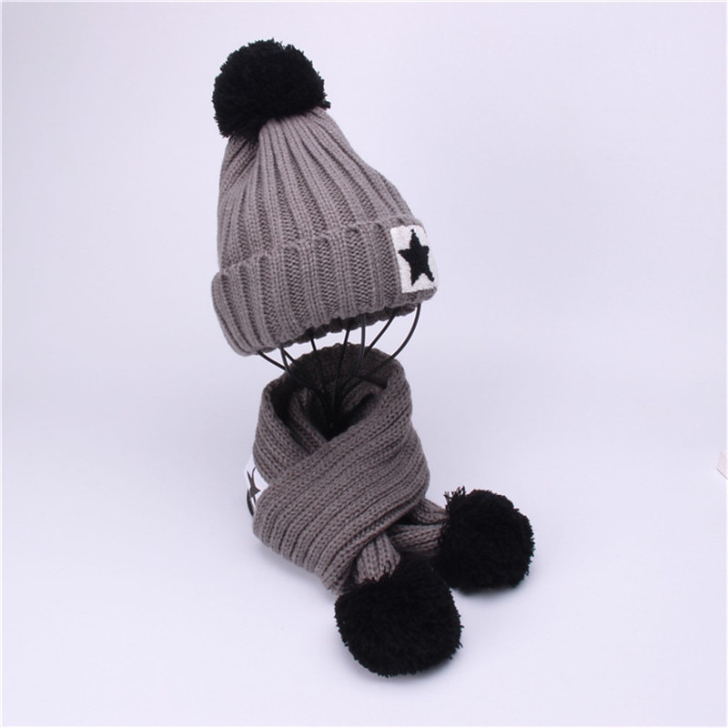 Winter warme kinderset met muts en sjaal voor kinderen, gebreide fluwelen muts, sjaal, babymeisje, jongen, effen pompon, muts, sjaal: Grijs