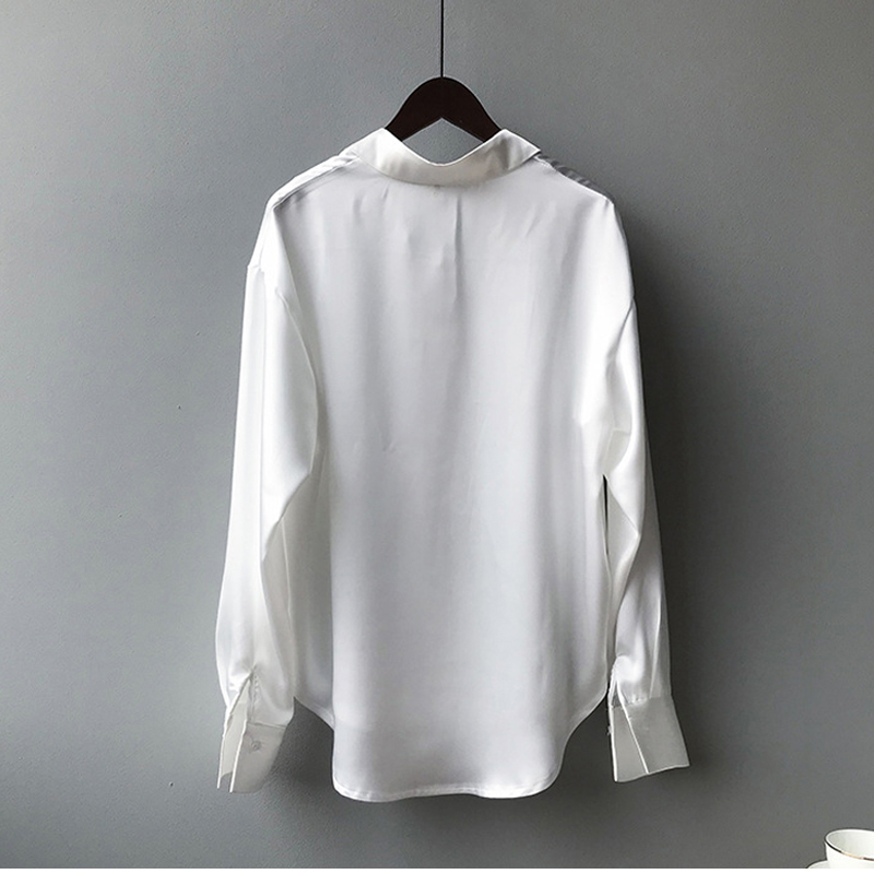 Vårskjorte med knapper i sateng og silke, vintagebluse, hvite topper, dame, lange ermer, løse gateskjorter, 11355