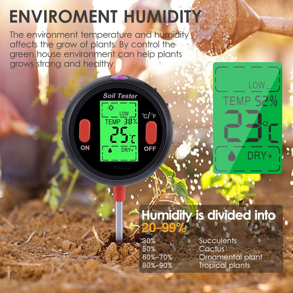 5-in-1 Moisture Meter Digital Soil pH Meter PH Levels Temperature Sunlight Intensity Humidity Tester Large Backlit LCD Display