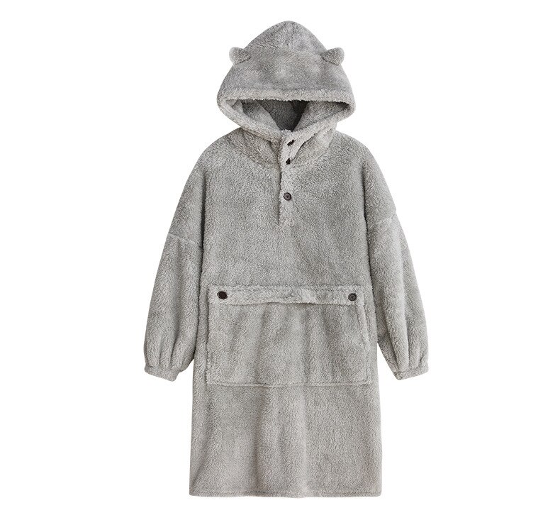 Unisex Robes Men Winter Dressing Gown Winter Warm Fleece Robe Pullover Hooded Women Winter Dressing Gown Robes Soft Bathrobe: gray / 45 to 85kg