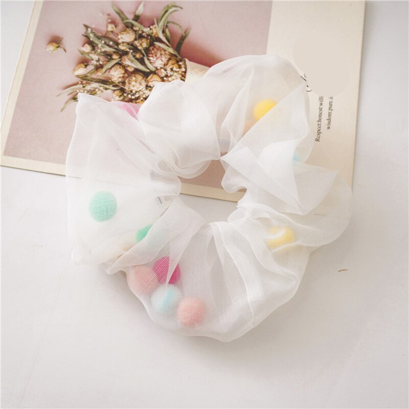 Vrouwen transparante tule kleurrijke haaraccessoires organza met bol net garen mesh scrunchie elastische haarbanden paardenstaarthouder: Wit