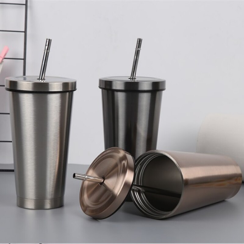 Rustfritt stål kaffekrus 500ml krus med lokk ølkrus til tekopp metallkopp drikke halm drikke halm reisekopper  wj826