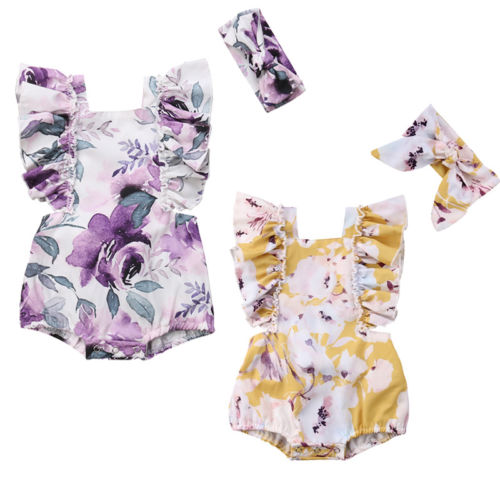 Pasgeboren Baby Meisjes Jumpsuit Mouwloze Bloemen Playsuit Outfit Set Met Hoofdband Kleding 0-24 Maanden