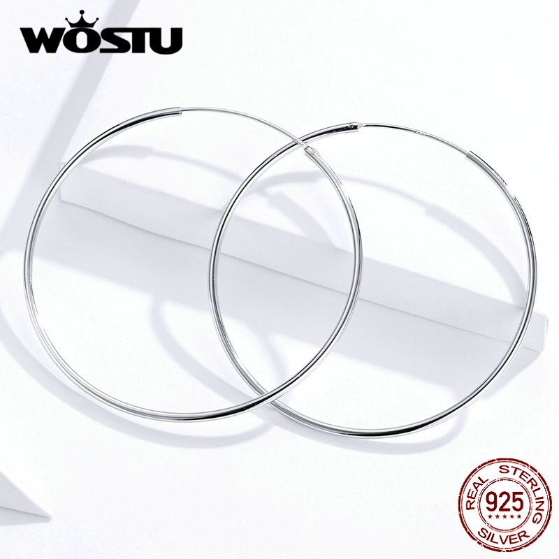 WOSTU 100% 925 Sterling Silber Großen Kreis Band Ohrringe Minimalistischen Einfache Runde Ohrringe Für Frauen Party Schmuck CQE710